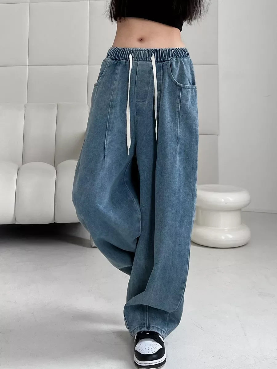 2025 Summer Women's Casual Harajuku Jeans Vintage Loose Elastic Waist Washed Pants Y2K Wide Leg Punk Baggy Denim Trouser