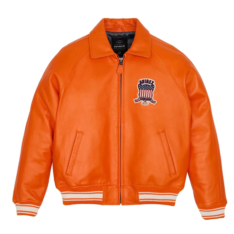 Men's Genuine Leather Varsity Jacket Us plus size Thick European lambskin High Quality Embroidery Avirex Brand