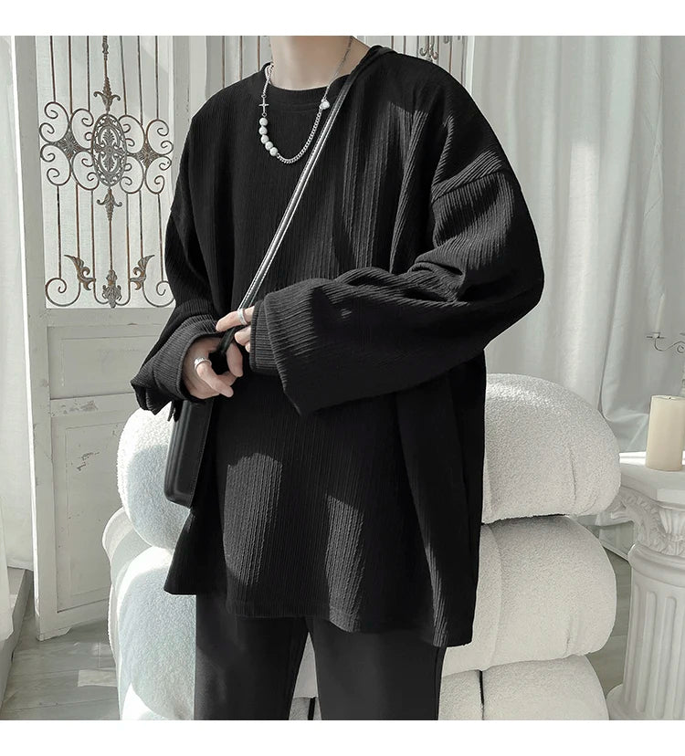 2024 Spring Autumn Casual Long Sleeve T Shirts Men Loose Round Neck T-shirts Male Fashion Harajuku Korean Streetwear Tops Tees