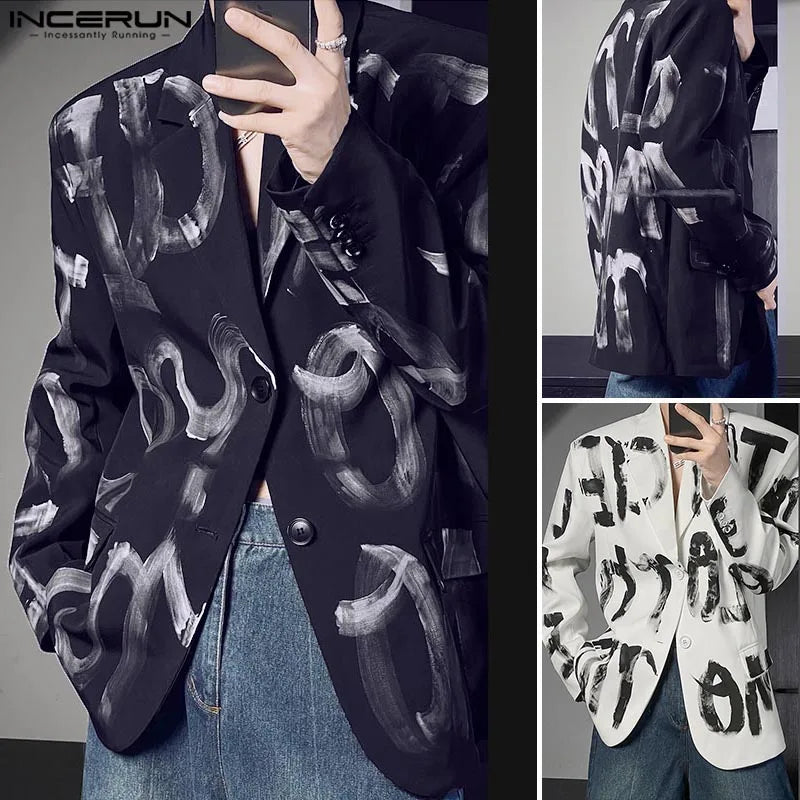 Fashion Casual Style Tops INCERUN Handsome Men's Art Hand-painted Letter Suit Coat Streetwear Male All-match Long Sleeved Blazer