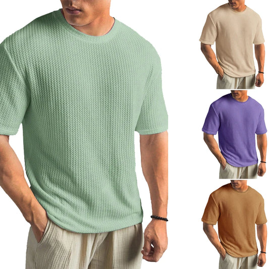 Solid Color Waffle T-shirts for Men Casual Brand Quality Short-sleeved Men's Tees New Summer Fashion Designer Tops Male
