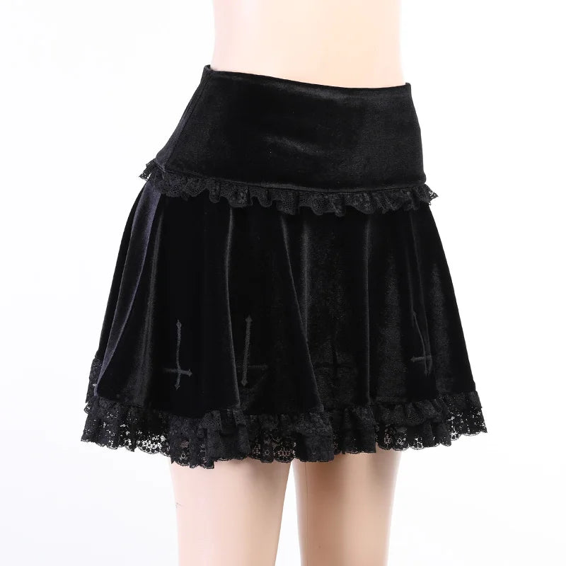 Goth Dark Mall Gothic Aesthetic Velvet Pleated Mini Skirts Women Vintage Harajuku Emo Alt Clothes High Waist Lace Ruffles Skirt