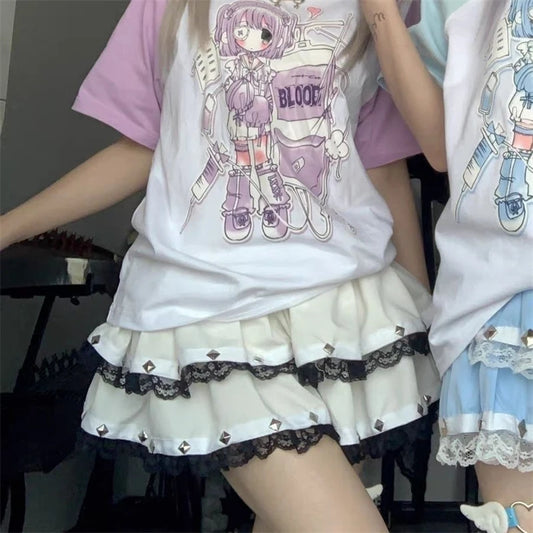Women Lace Patchwork Rivet Ruffles Tierred Lolita Fairy Mini Skirts Summer Female High Waist Sweet Kawaii Chic Y2K A Line Skirt