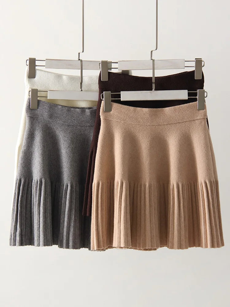 Knitted Pleated School Skirt Women Spring Winter Sexy A-line Women's Skirt Solid Casual High Waist Short Skirts For Woman Black