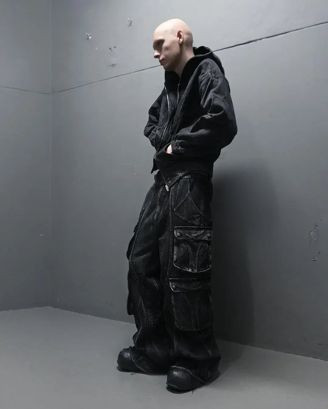 American Vintage Gothic Black Y2K Washed Multi-Pocket Spliced Raw Edge Jeans Mens Loose Street Trend Hip Hop Rap Wide Leg Pants