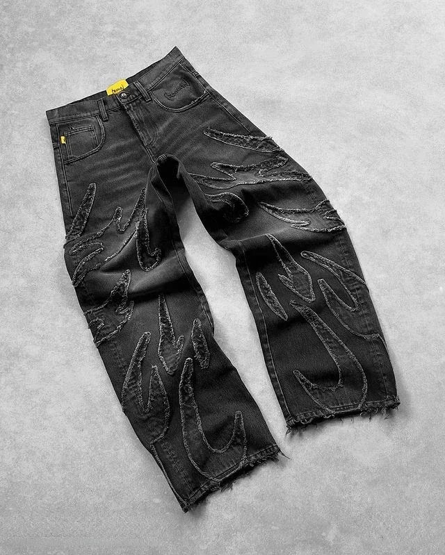 90s Streetwear Retro Hip Op Flame Embroidery Loose High Waisted Men Jeans Female Y2K New Harajuku Gothic Wide Leg Pants