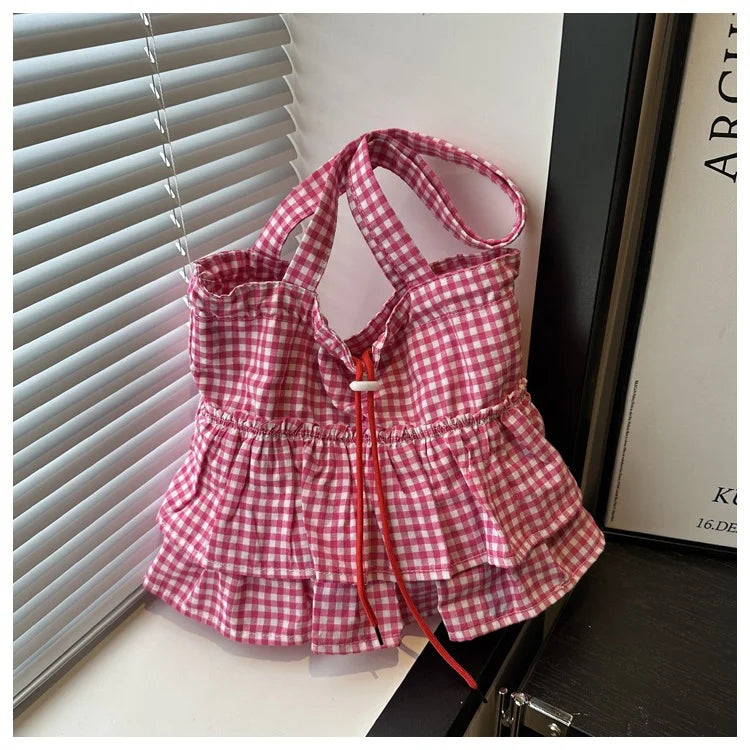 Korean Sle Large Capaci Canvas Tote Bag Blue Plaid Single oulder Skirt Pleated Gown Bag Faionable Casual Handbag