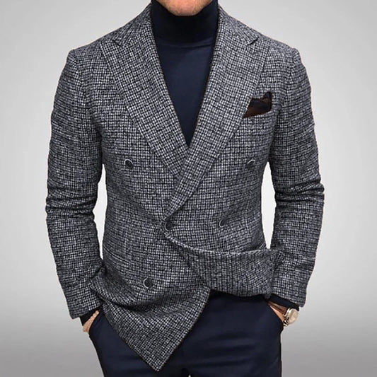 2024 Spring Autumn Men Blazers Slim Fit Plaid Suits Jackets Male Long Sleeve Double-breasted Outerwear Business Casual Coats