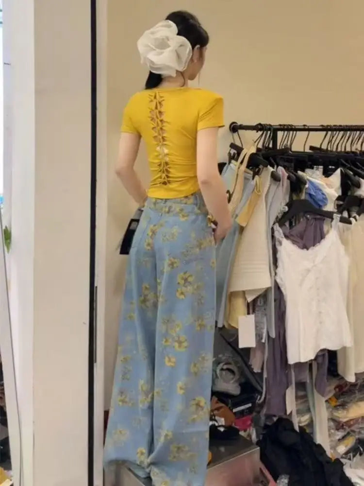 New High Waist 2025 American Retro Plant Flower Print Ladies Commuter Wide-leg Jeans Youthful and Beautiful Out of The Street