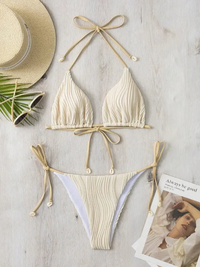 2025 New Tight Two-Piece Bikini Set Sexy Women Solid Halter Swimsuit Hollow Backless Swimwear Summer Push Up Beach Bathing Suit