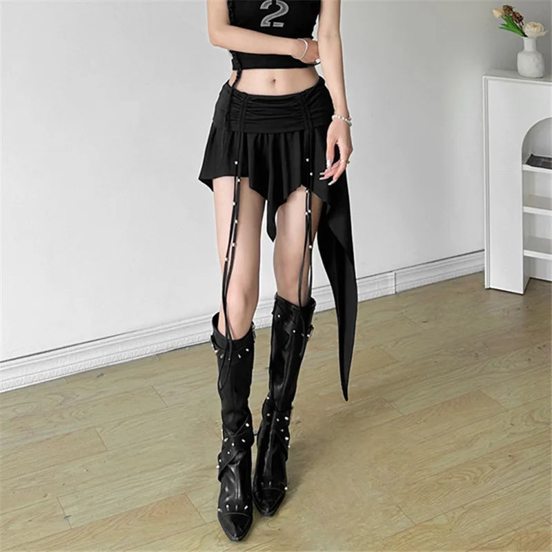 Goth Dark Mall Gothic Dropped Waist Drawstring Mini Skirt Punk Grunge Women Irregular Hem A-line Skirts Chic E-girl Techwear Y2K