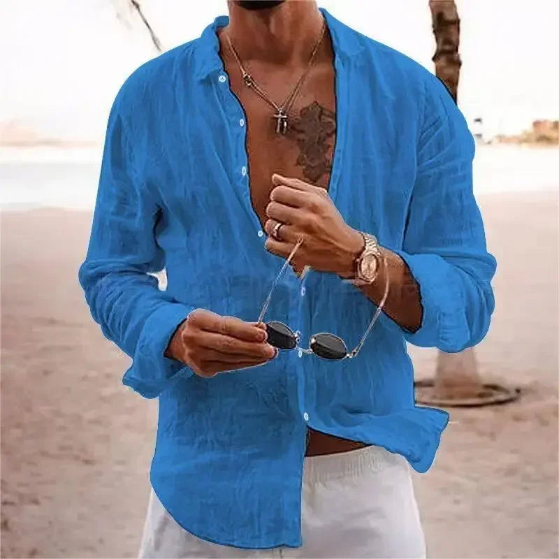2025 Men's Cotton Linen Shirts Top Simple Laple Solid  Man Shirts Tops Comfortable Loose Casual Holiday Shirts for Men Blouses