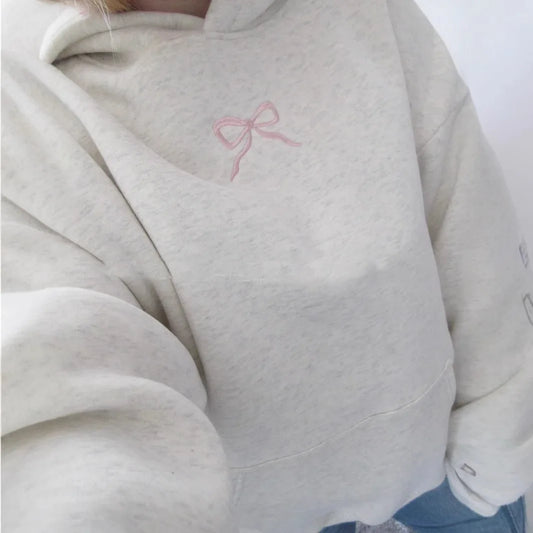 Y2K Harajuku Vintage Streetwear Shell Bow Embroidery Grey Hoodie Jumper Fairy Tale Core Kawaii Women Sweatshirt Fall Top Hoody