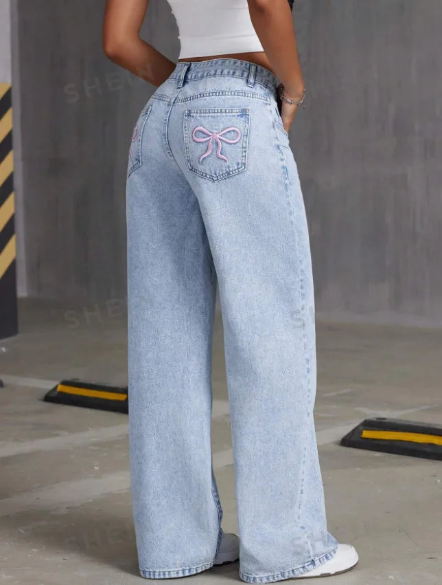 Women Wide Leg Boyfriend Jeans Straight Hip Hop Bow Embroidery Denim Pants Low Waist Baggy Jeans Casual Loose Jeans Streetwear