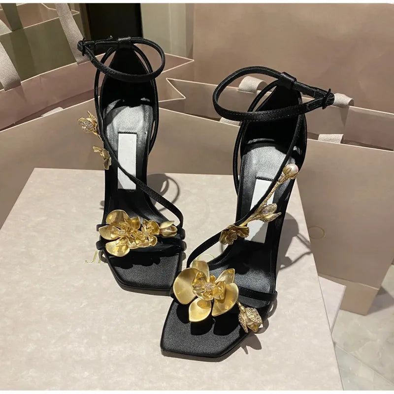Star style Metal Flowers Women Sandals Sexy Narrow band Stiletto High heels Gladiator Sandals Summer Fashion Party Prom Shoes