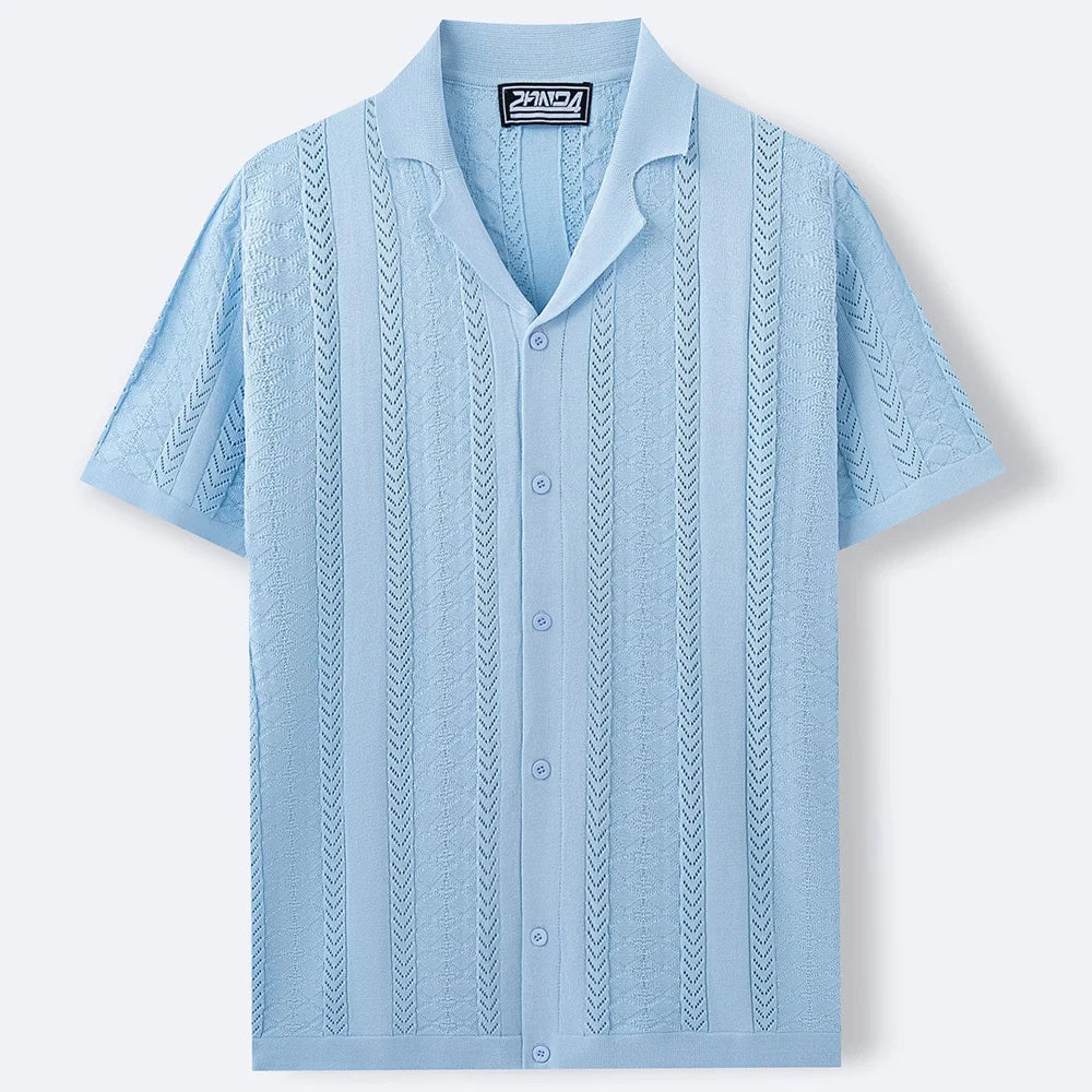 2025 Summer Men's Striped Hollow Solid Color Short Sleeve Knitted POLO Shirt Retro Casual Fashion Trend Simple Loose Men's Tops
