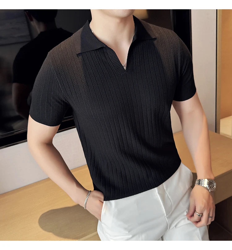 Men Striped Polo Shirt 2025 Summer Light Thin Breathable Solid Casual Elastic Slim Fit Short Sleeved V-neck T-shirt Men Clothing