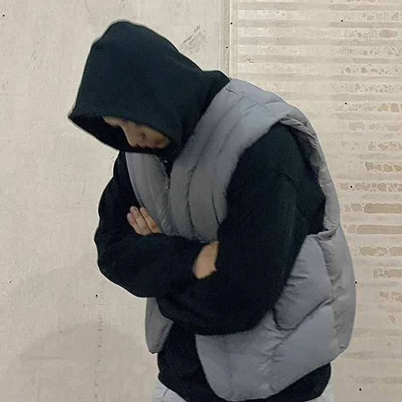 Linear Split Silhouette Autumn Winter Tops for Men Warm Loose High Street Padded Waistcoat Deconstructed Vibe Nylon Zipper Vest