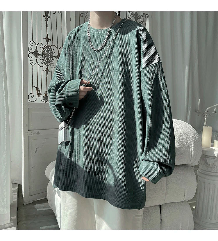 2024 Spring Autumn Casual Long Sleeve T Shirts Men Loose Round Neck T-shirts Male Fashion Harajuku Korean Streetwear Tops Tees