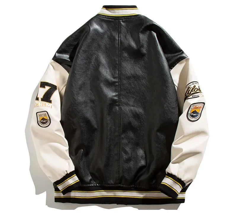 Men's High-end Feel Baseball Jacket New Spring Autumn Style Embroidered Fighter Pilot Pu Leather Patchwork Color Blocking Top