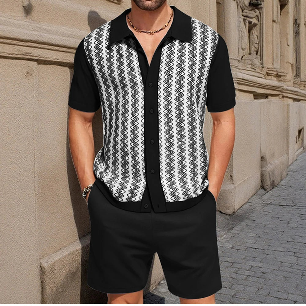 Men's Cardigan Knitted Short-Sleeved Shorts Suit Retro Casual Fashion Trend Loose Breathable Daily 2025 Summer New Men's Suit