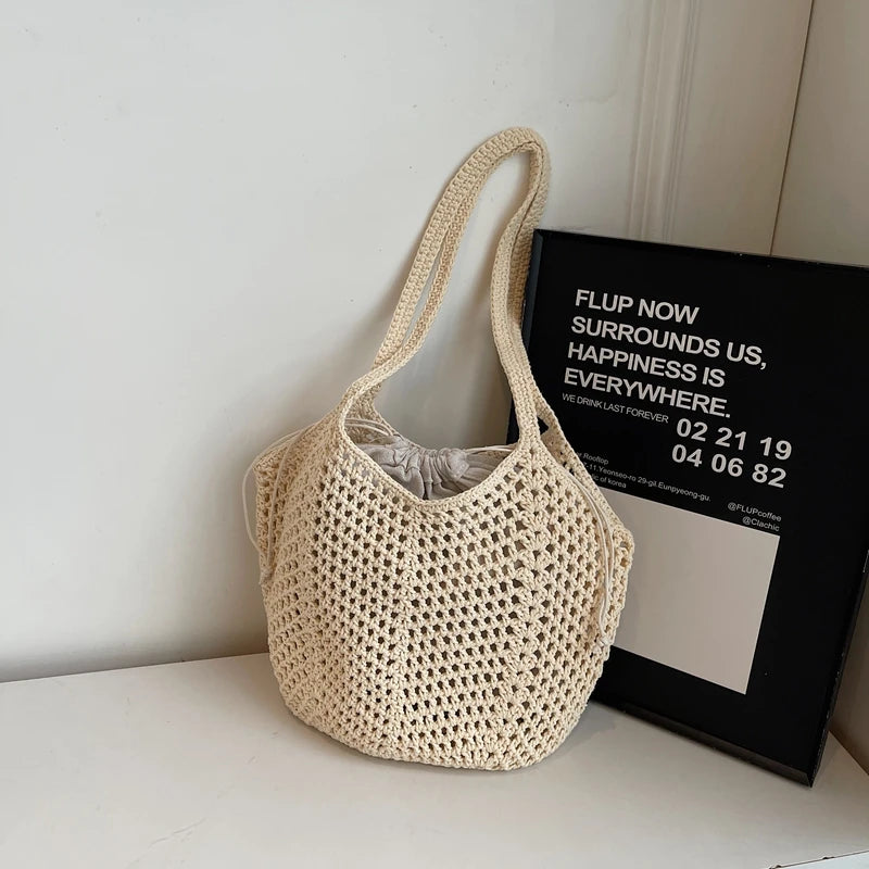 2025 Latest Summer Beach Straw Woven Tote Bag For Women 2-IN-1 Hollow-out Lightweight Large Capacity Shopper Shoulder Bag Female