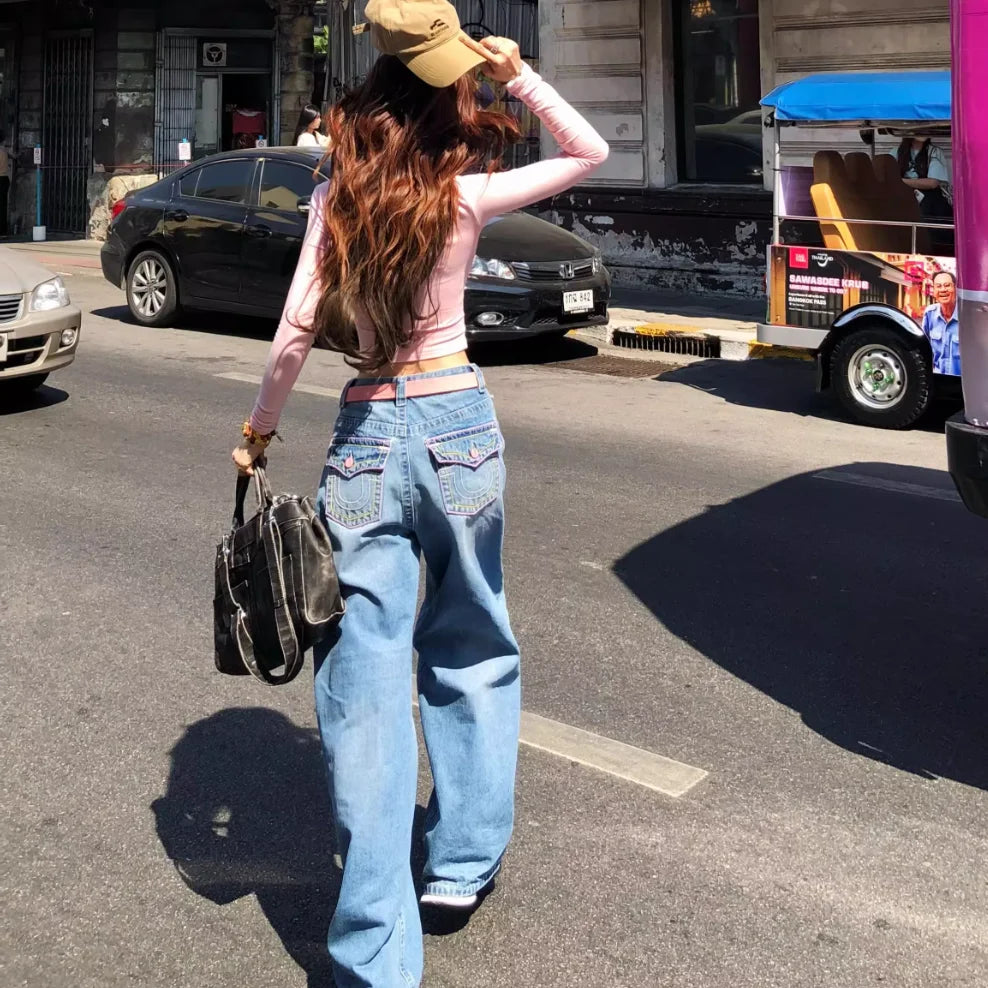 Embroidery Baggy Jeans Women Clothing Street Fashion Vintage Hip Hop Jeans Woman Casual Wide-leg Y2k Pants High Waited Jeans