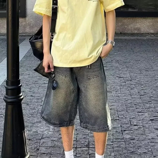 American Style Vintage Men's Denim Shorts Streetwear Straight-Leg Wide-Leg Distressed Casual Pants Trendy Summer Wear
