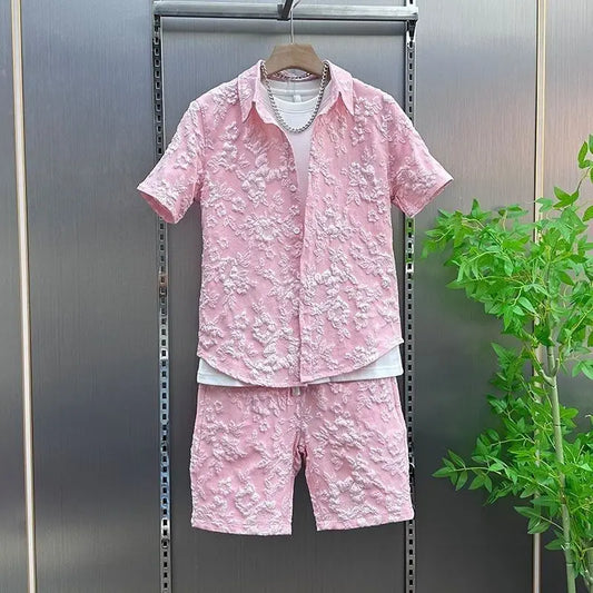 Summer New Relief Couple Thin Casual Two-piece Suit Men's Lapel Shirt Short Sleeve Trendy Shorts Comfortable Skin-friendly