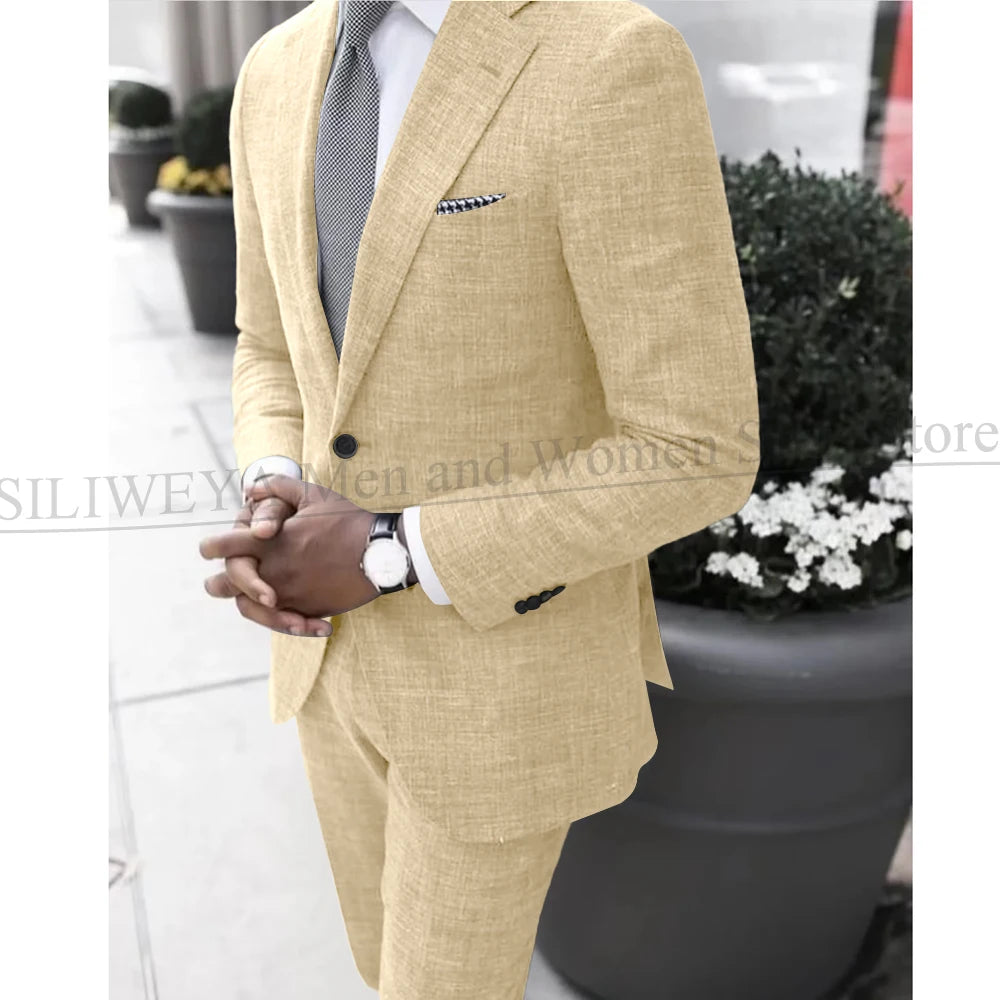 2025 Dark Gray Linen Men's Suit Bridegroom Tuxedo Tailor-Made Wedding Custom Single Breasted Male Blazer 2 pcs(Jacket+pants)
