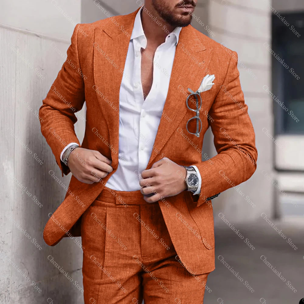 Fashion Linen Suits for Men High Quality Peak Lapel Double One Button Male Suit Slim Chic Casual Wedding Tuxedo 2 Piece Costume