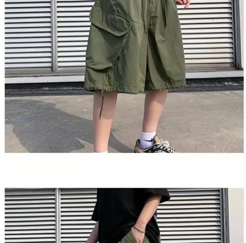 Khaki 7-point Men Summer Thin Japanese Workwear Wide-leg Loose Over-knee Shorts