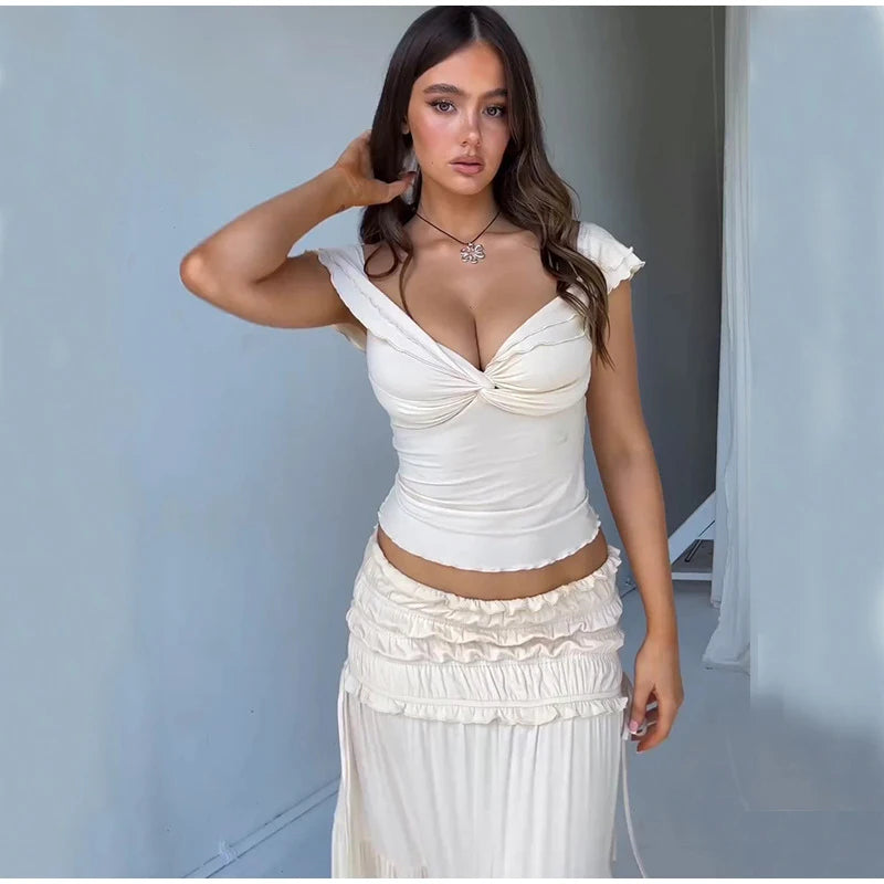 Fashion Solid Folds Long Skirt Sets For Women Summer Sexy Off Shoulder V-neck Cropped Tops High Waist Long Skirts 2 Pieces Sets