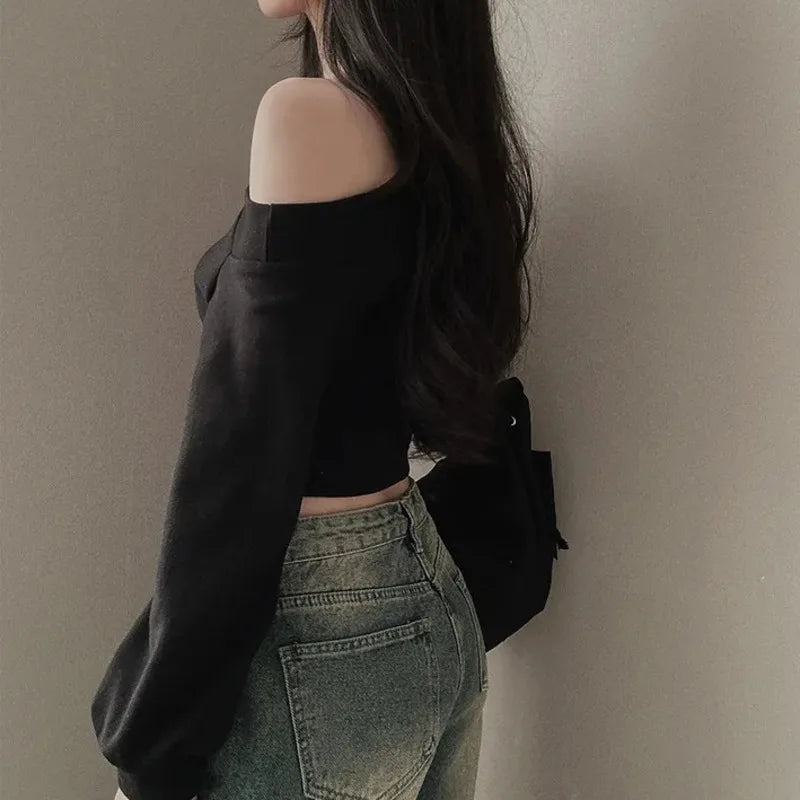 2025 Spring New Irregular Skew Collar Hoodies Women Sexy Fashion Sweatshirts Long Puff Sleeve Short Solid Slim Pullover Tops