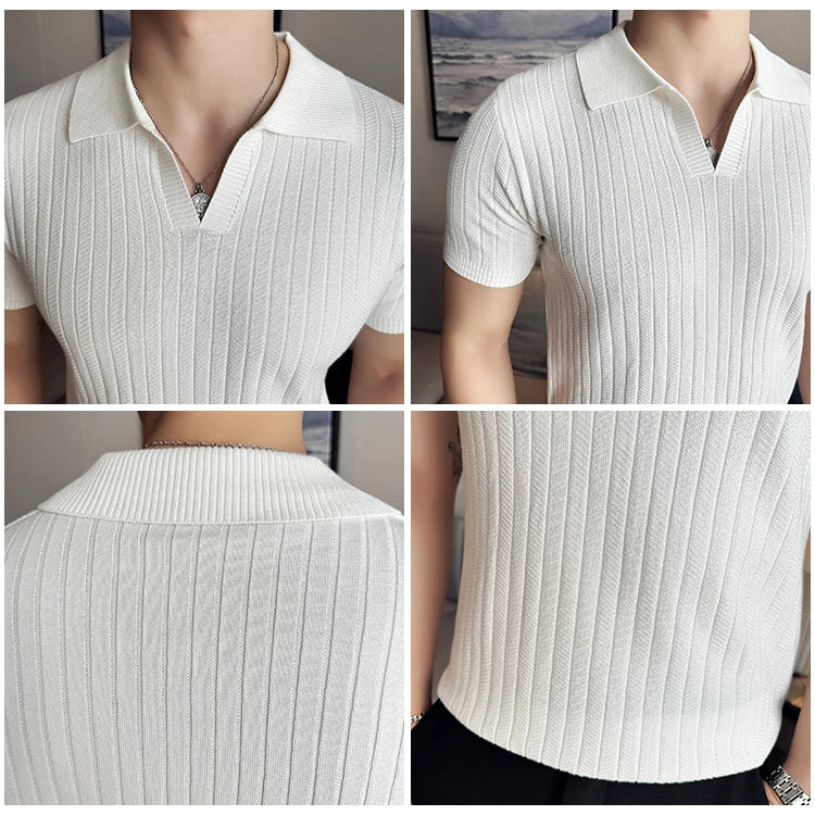 Men Striped Polo Shirt 2025 Summer Light Thin Breathable Solid Casual Elastic Slim Fit Short Sleeved V-neck T-shirt Men Clothing