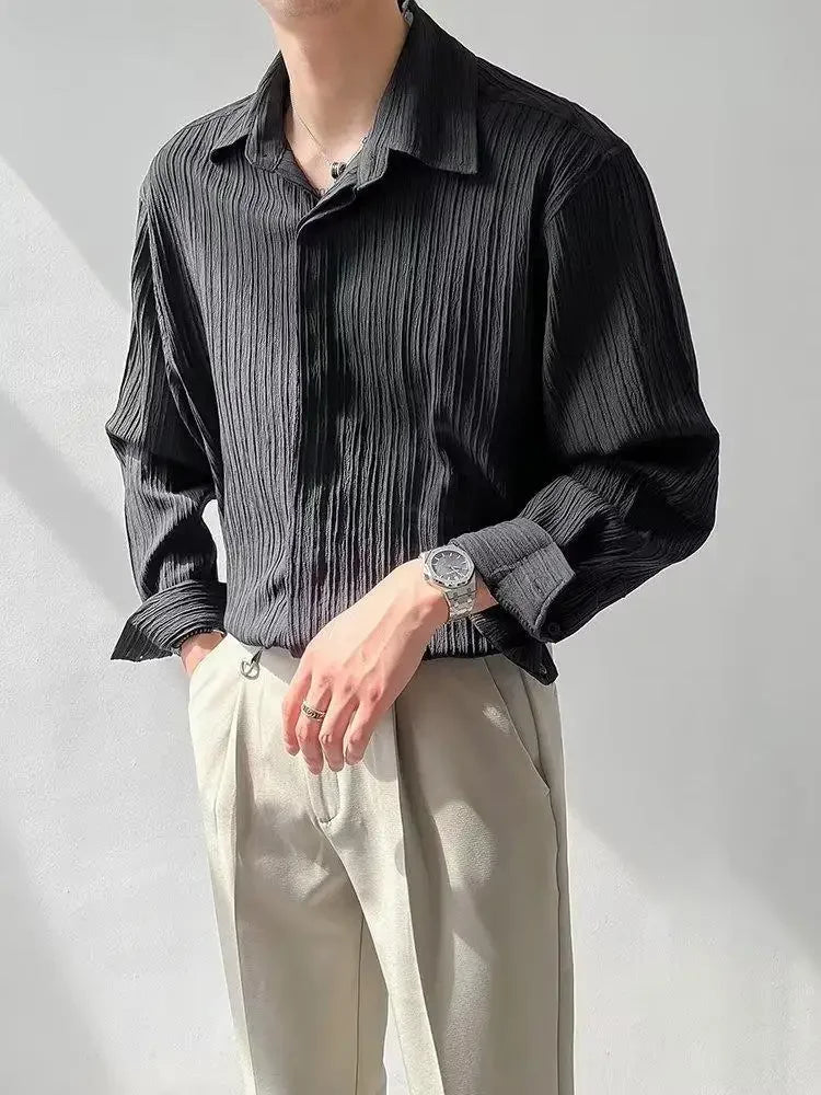 Trendy Stylish Striped No-iron Shirt Autumn Texture Top Korean Version Loose-fit Casual Long Sleeves Shirt For Men