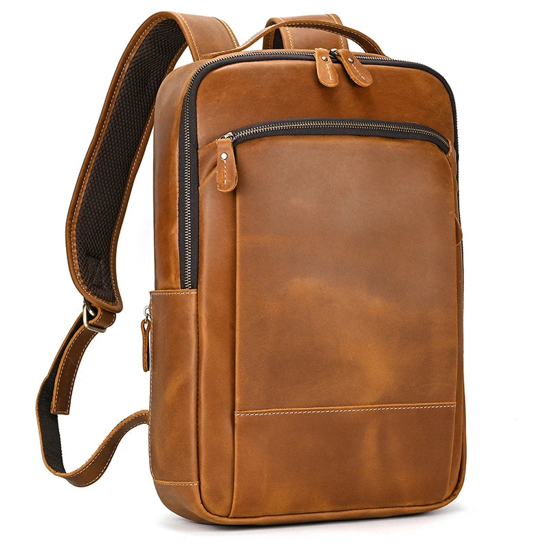Vintage Travel Backpack leather double zipper bagpack male crazy horse leather backpack handmade leather travel bag men bag