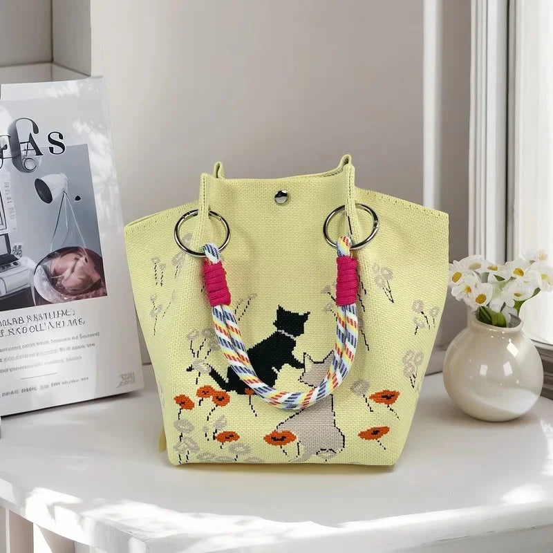 Cute Cat Design Large Capacity Portable Tote Bag Casual Versatile Commuter Bucket Bag Polyester Fiber Handbag from Mainland Chin
