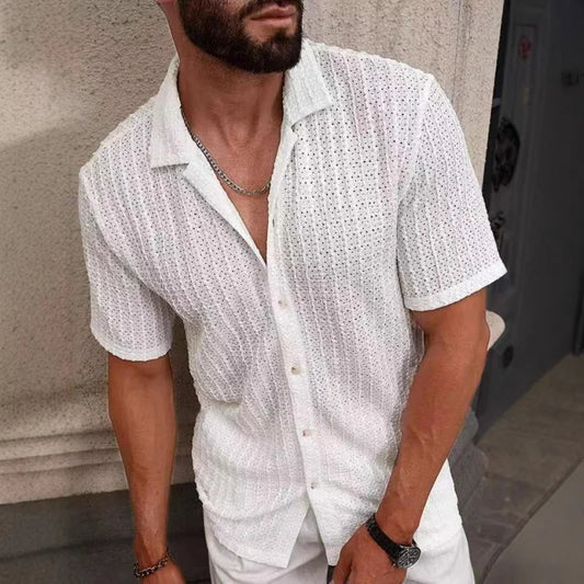 Men's Casual Knit Shirt Summer New Solid Color Turn-down Collar Hollow Breathable Short Sleeve Top