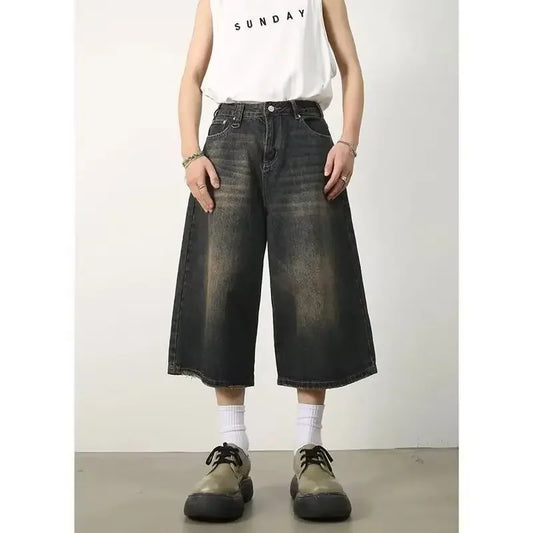 Retro Hong Kong Style Men's Loose Wide Leg Jeans Shorts Hip Hop Style Summer New Slimming Seven-Point Pants Trendy Casual Shorts