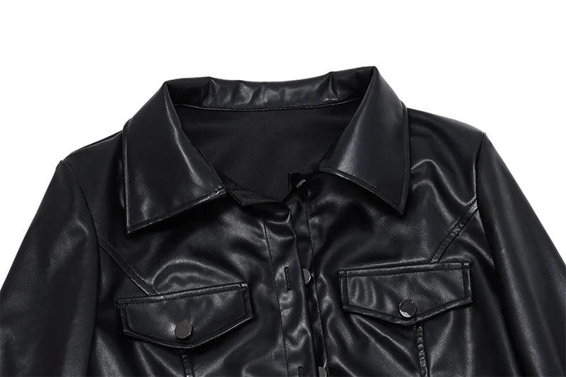 WhereMery Faux Leather Short Jacket Y2K Turn-down Collar Fashion Botton Decoration PU Coat 2022 Grunge Street Casual Women Coats