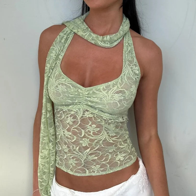 WhereMery Sexy Halter Lace See Through Crop Top for Women Summer Backless Party Street Tank Tops Y2K Fashion Basic T-Shirts Vest