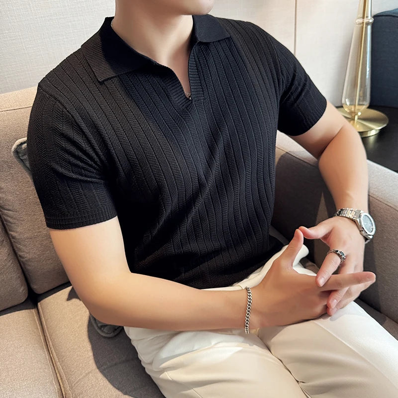 Men Striped Polo Shirt 2025 Summer Light Thin Breathable Solid Casual Elastic Slim Fit Short Sleeved V-neck T-shirt Men Clothing