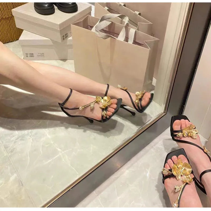 Star style Metal Flowers Women Sandals Sexy Narrow band Stiletto High heels Gladiator Sandals Summer Fashion Party Prom Shoes