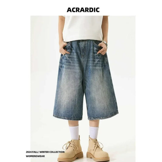 American High Street Lightning Jeans Men's Straight Leg Wide Leg Hip Hop Cool Retro American Seven-Foot Blue Shorts