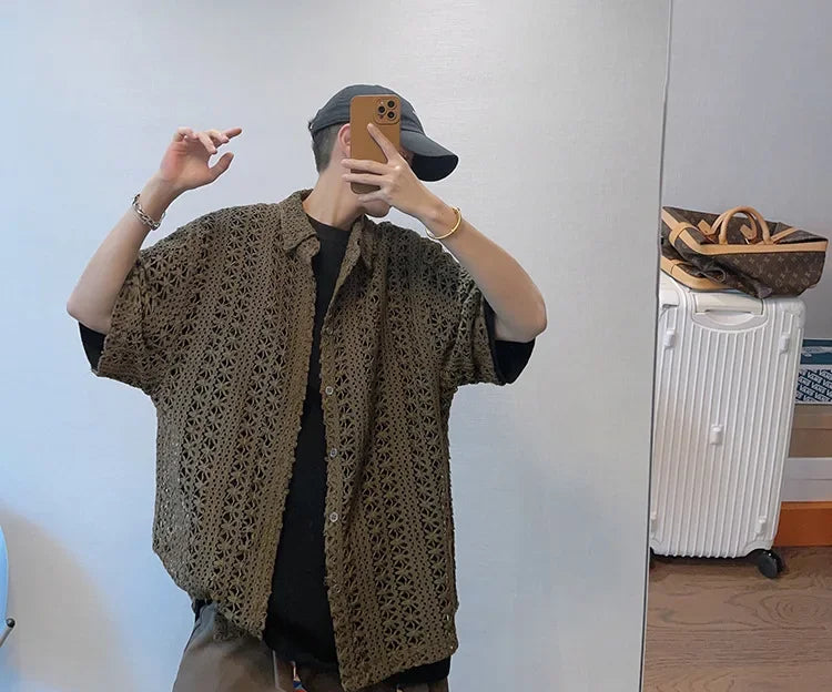 Summer American Style Vintage Distressed Versatile Military Green Knit Hollow Breathable Loose-fit Casual Short Sleeve Shirt Men