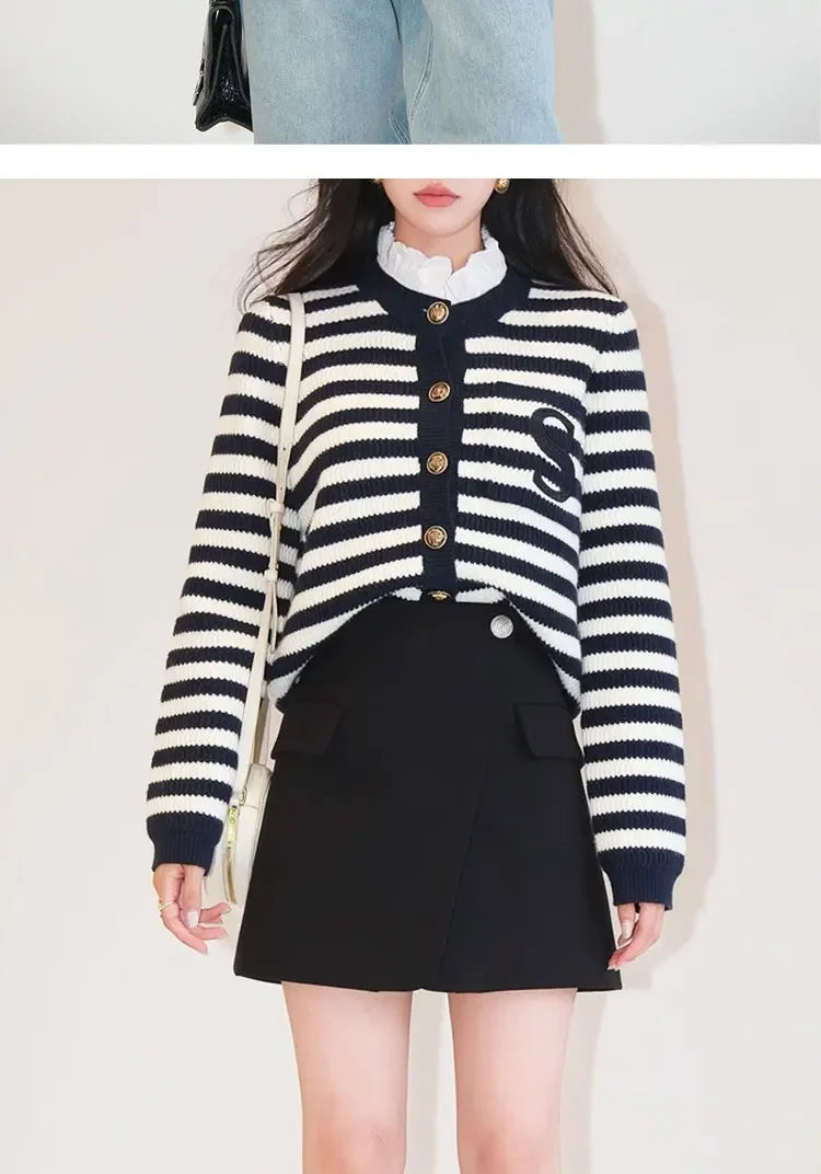 2024 Spring Classic S Letter Knit Cardigan Coat Women Stripe Sweater Ruffles Collar Tops Luxury Designer Brand Chic Y2K Clothing