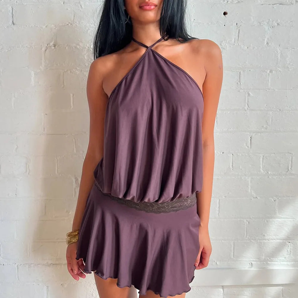 Absobe Halter Sleeveless Patchwork Lace Mini Dress For Women Backless Slim A-Line Short Dress Y2K Sexy Vacation Beach Streetwear