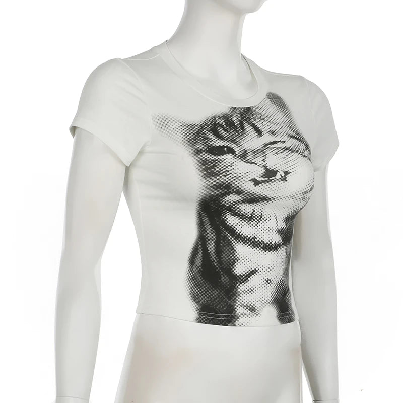 CIBBAR Harajuku Animal Print Crop Top Basic White Short Sleeve Crewneck T-shirt Women Casual Slim-fitting Tees Lady y2k Vintage