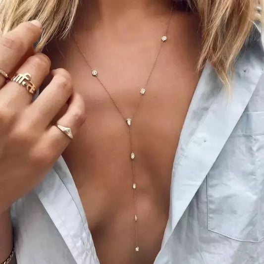 American Fashion Micro pave Water Drop Bezel Oval CZ Station Link Chain Long Sexy Ladies Y Lariat Necklace Collarbone Jewelry
